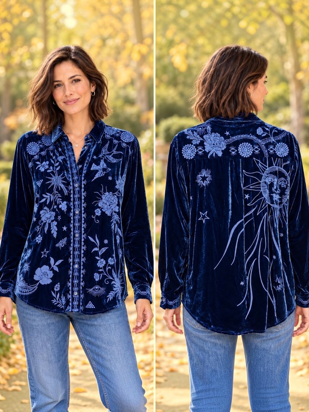 Johnny Was Torine Blue Velvet Embroidered Oversized Shirt Small NWT